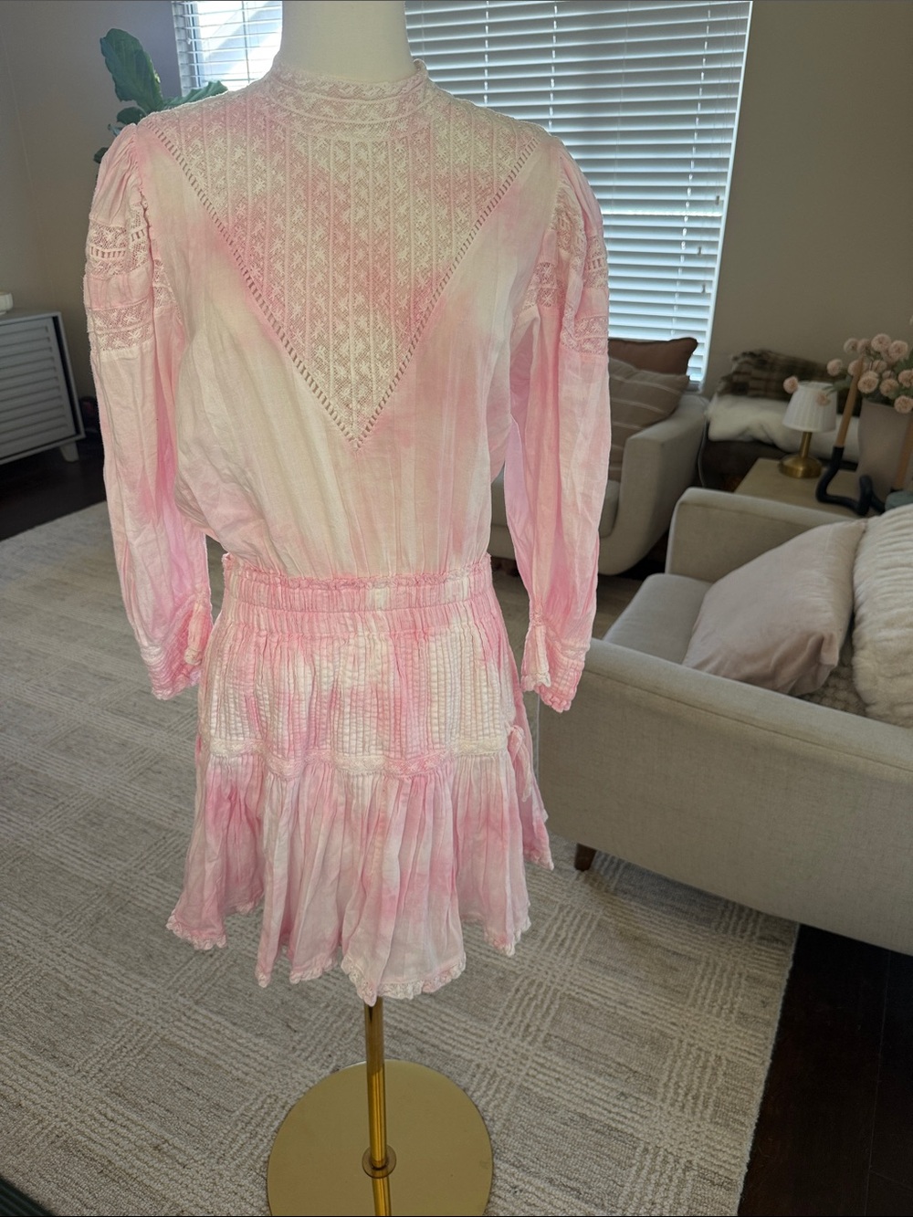 LoveShackFancy Pink and White Lace-Detail Ruffle Mini Dress